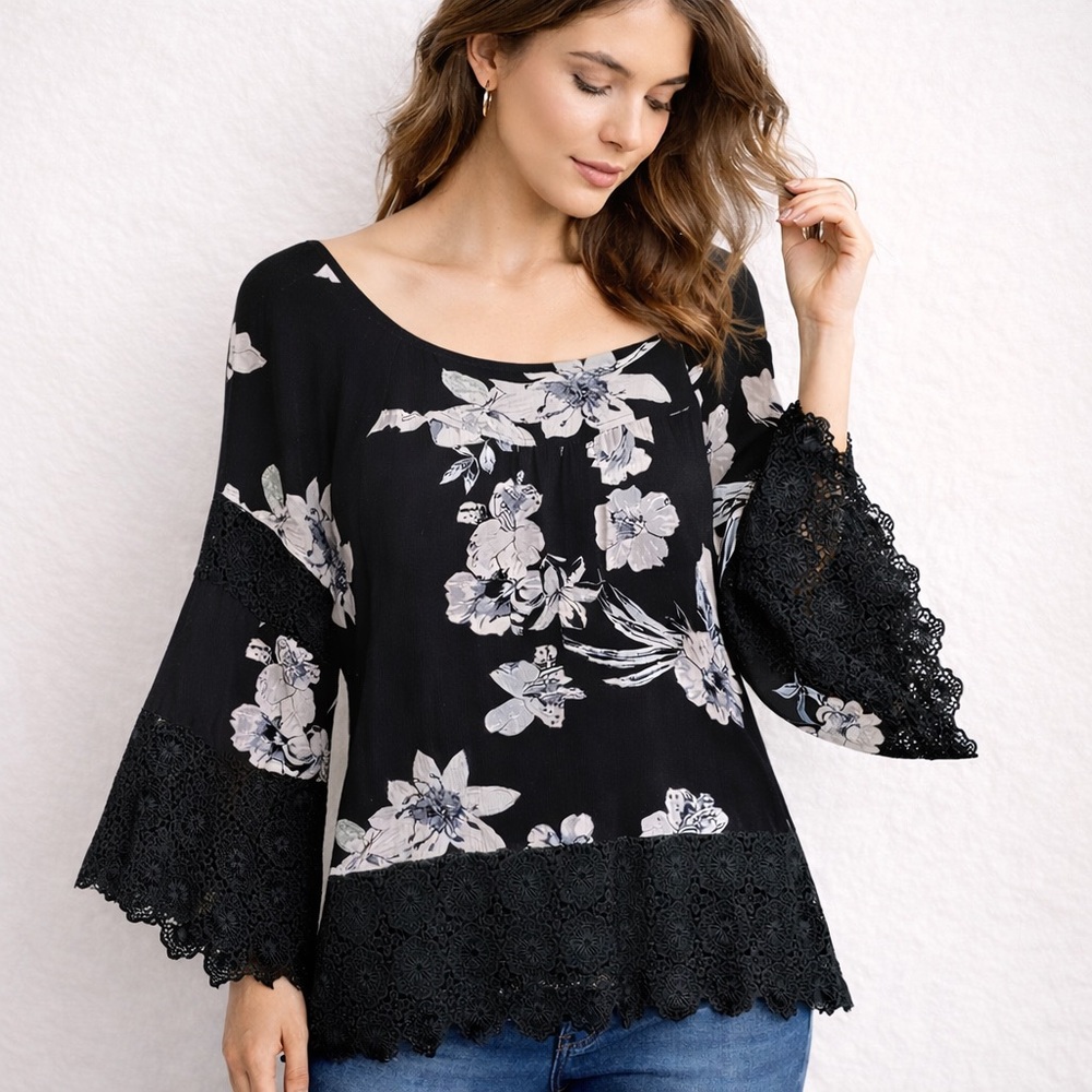 Curations XL Black Floral Lace Trim Boho‎ Blouse Flowy Bell Sleeve Top